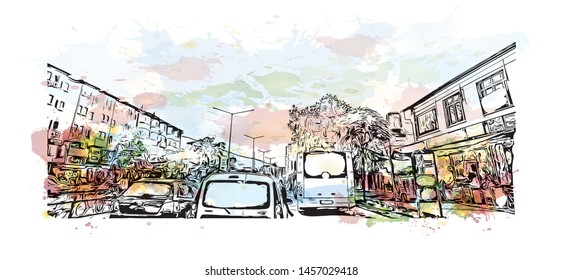 Building view with landmark of Bursa is a large city in northwest Turkey. Watercolor splash with Hand drawn sketch illustration in vector.