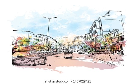 Building view with landmark of Bursa is a large city in northwest Turkey. Watercolor splash with Hand drawn sketch illustration in vector.