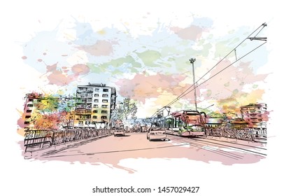 Building view with landmark of Bursa is a large city in northwest Turkey. Watercolor splash with Hand drawn sketch illustration in vector.