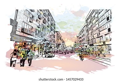 Building view with landmark of Bursa is a large city in northwest Turkey. Watercolor splash with Hand drawn sketch illustration in vector.