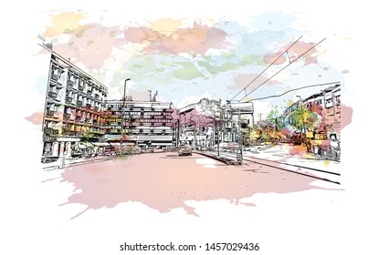 Building view with landmark of Bursa is a large city in northwest Turkey. Watercolor splash with Hand drawn sketch illustration in vector.