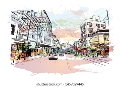 Building view with landmark of Bursa is a large city in northwest Turkey. Watercolor splash with Hand drawn sketch illustration in vector.