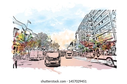 Building view with landmark of Bursa is a large city in northwest Turkey. Watercolor splash with Hand drawn sketch illustration in vector.