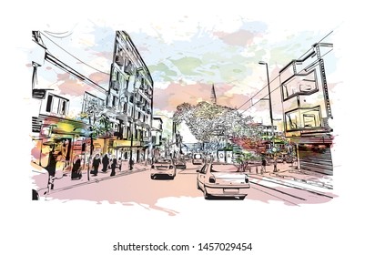 Building view with landmark of Bursa is a large city in northwest Turkey. Watercolor splash with Hand drawn sketch illustration in vector.