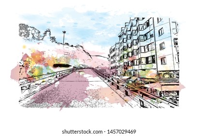 Building view with landmark of Bursa is a large city in northwest Turkey. Watercolor splash with Hand drawn sketch illustration in vector.