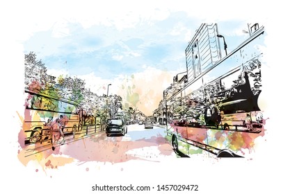 Building view with landmark of Bursa is a large city in northwest Turkey. Watercolor splash with Hand drawn sketch illustration in vector.