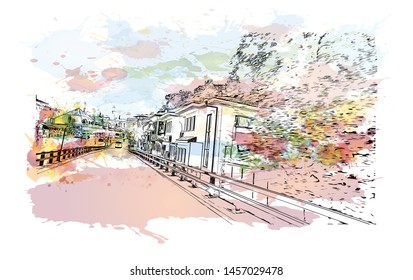 Building view with landmark of Bursa is a large city in northwest Turkey. Watercolor splash with Hand drawn sketch illustration in vector.