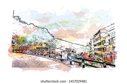 Building view with landmark of Bursa is a large city in northwest Turkey. Watercolor splash with Hand drawn sketch illustration in vector.