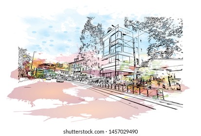 Building view with landmark of Bursa is a large city in northwest Turkey. Watercolor splash with Hand drawn sketch illustration in vector.