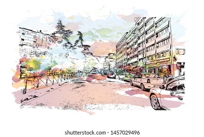 Building view with landmark of Bursa is a large city in northwest Turkey. Watercolor splash with Hand drawn sketch illustration in vector.