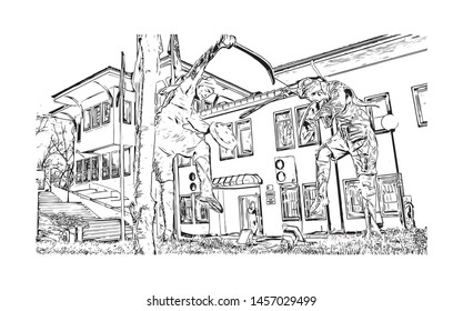 Building view with landmark of Bursa is a large city in northwest Turkey. Hand drawn sketch illustration in vector.