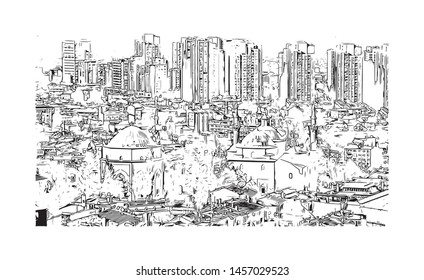 Building view with landmark of Bursa is a large city in northwest Turkey. Hand drawn sketch illustration in vector.