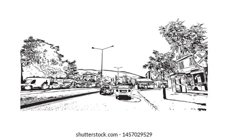 Building view with landmark of Bursa is a large city in northwest Turkey. Hand drawn sketch illustration in vector.