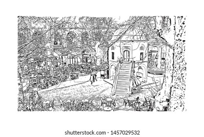 Building view with landmark of Bursa is a large city in northwest Turkey. Hand drawn sketch illustration in vector.