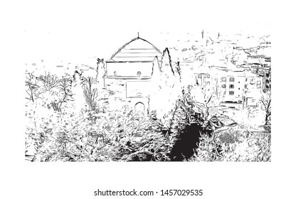 Building view with landmark of Bursa is a large city in northwest Turkey. Hand drawn sketch illustration in vector.