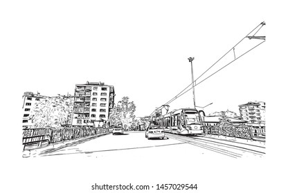 Building view with landmark of Bursa is a large city in northwest Turkey. Hand drawn sketch illustration in vector.