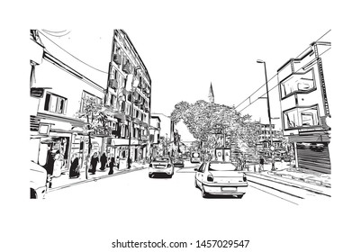 Building view with landmark of Bursa is a large city in northwest Turkey. Hand drawn sketch illustration in vector.