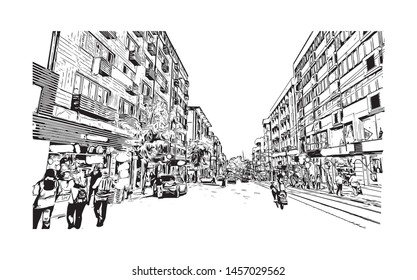 Building view with landmark of Bursa is a large city in northwest Turkey. Hand drawn sketch illustration in vector.