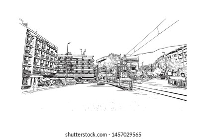 Building view with landmark of Bursa is a large city in northwest Turkey. Hand drawn sketch illustration in vector.