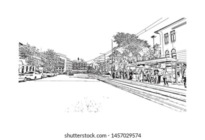 Building view with landmark of Bursa is a large city in northwest Turkey. Hand drawn sketch illustration in vector.