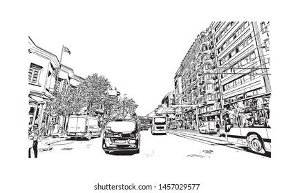 Building view with landmark of Bursa is a large city in northwest Turkey. Hand drawn sketch illustration in vector.