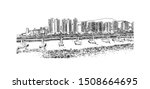 Building view with landmark of Busan, a large port city in South Korea, is known for its beaches, mountains and temples. Hand drawn sketch illustration in vector.