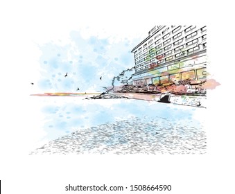 Building view with landmark of Busan, a large port city in South Korea, is known for its beaches, mountains and temples. Watercolor splash with Hand drawn sketch illustration in vector.