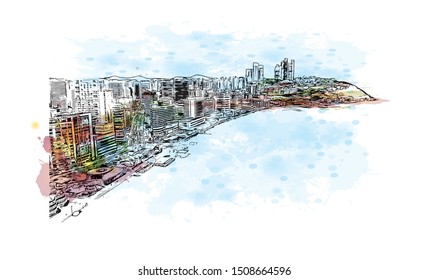 Building view with landmark of Busan, a large port city in South Korea, is known for its beaches, mountains and temples. Watercolor splash with Hand drawn sketch illustration in vector.