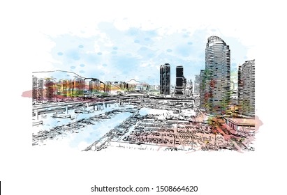 Building view with landmark of Busan, a large port city in South Korea, is known for its beaches, mountains and temples. Watercolor splash with Hand drawn sketch illustration in vector.