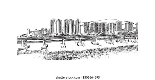 Building view with landmark of Busan, a large port city in South Korea, is known for its beaches, mountains and temples. Hand drawn sketch illustration in vector.
