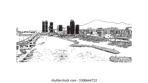 Building view with landmark of Busan, a large port city in South Korea, is known for its beaches, mountains and temples. Hand drawn sketch illustration in vector.