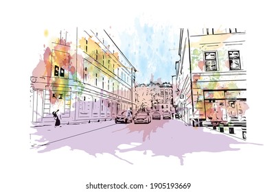 Building view with landmark of Bydgoszcz is a city in northern Poland. Watercolor splash with hand drawn sketch illustration in vector.