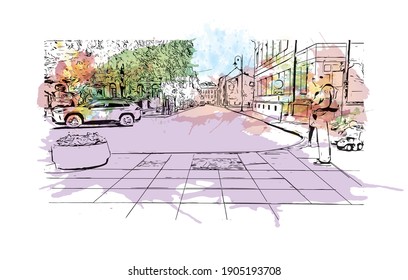 Building view with landmark of Bydgoszcz is a city in northern Poland. Watercolor splash with hand drawn sketch illustration in vector.