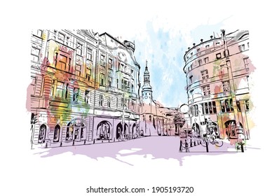 Building view with landmark of Bydgoszcz is a city in northern Poland. Watercolor splash with hand drawn sketch illustration in vector.