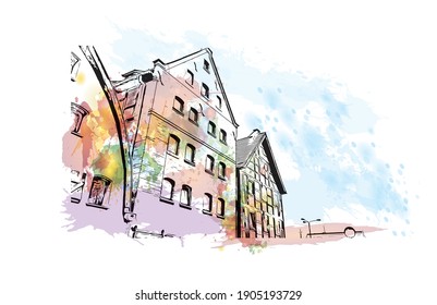 Building view with landmark of Bydgoszcz is a city in northern Poland. Watercolor splash with hand drawn sketch illustration in vector.