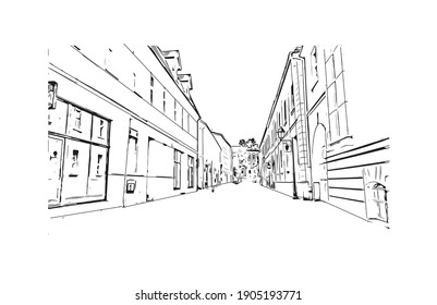 Building view with landmark of Bydgoszcz is a city in northern Poland. Hand drawn sketch illustration in vector.