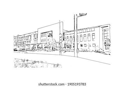 Building view with landmark of Bydgoszcz is a city in northern Poland. Hand drawn sketch illustration in vector.