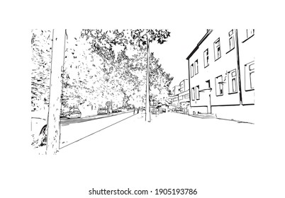 Building view with landmark of Bydgoszcz is a city in northern Poland. Hand drawn sketch illustration in vector.