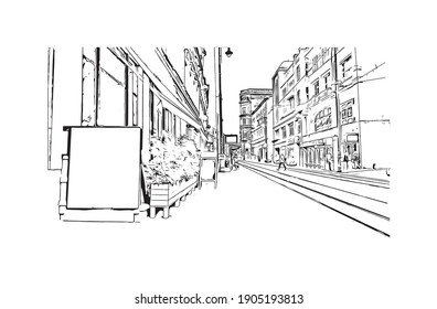 Building view with landmark of Bydgoszcz is a city in northern Poland. Hand drawn sketch illustration in vector.