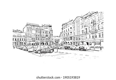 Building view with landmark of Bydgoszcz is a city in northern Poland. Hand drawn sketch illustration in vector.