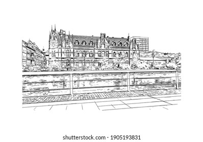 Building view with landmark of Bydgoszcz is a city in northern Poland. Hand drawn sketch illustration in vector.