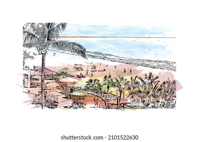 Building view with landmark of Cabo San Lucas is the 
city in Mexico. Watercolor splash with hand drawn sketch illustration in vector.