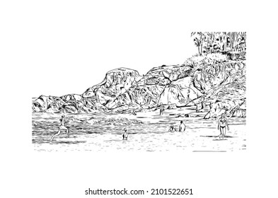 Building view with landmark of Cabo San Lucas is the 
city in Mexico. Hand drawn sketch illustration in vector.