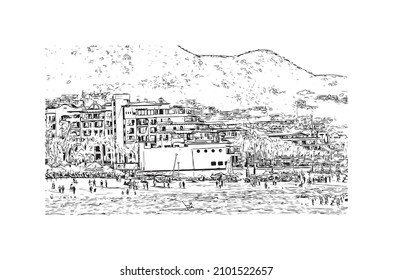 Building view with landmark of Cabo San Lucas is the 
city in Mexico. Hand drawn sketch illustration in vector.