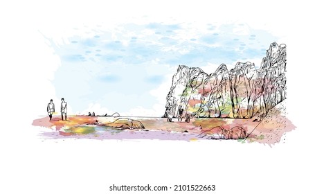 Building view with landmark of Cabo San Lucas is the 
city in Mexico. Watercolor splash with hand drawn sketch illustration in vector.