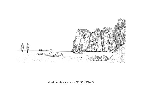 Building view with landmark of Cabo San Lucas is the 
city in Mexico. Hand drawn sketch illustration in vector.