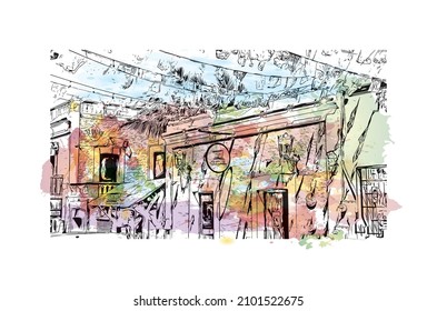 Building view with landmark of Cabo San Lucas is the 
city in Mexico. Watercolor splash with hand drawn sketch illustration in vector.