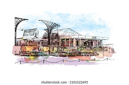 Building view with landmark of Cabo San Lucas is the 
city in Mexico. Watercolor splash with hand drawn sketch illustration in vector.