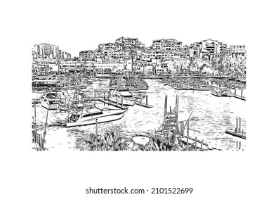 Building view with landmark of Cabo San Lucas is the 
city in Mexico. Hand drawn sketch illustration in vector.
