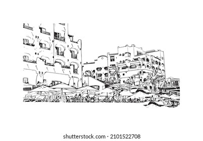 Building view with landmark of Cabo San Lucas is the 
city in Mexico. Hand drawn sketch illustration in vector.